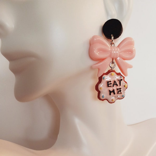 Adorable Pink Eat Me Cookie Earrings, Dessert Studs, Cute Word, Fun Sweets Earrings, Cute Pink Bow Earrings, Unique Cookie Bow Earrings