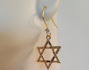 Star of David Dangle Earrings, 925 Sterling Silver, 14K Gold Cubic Zirconia Diamond, Cute Jewish Earrings, Hebrew Symbol, worksofartbysusan