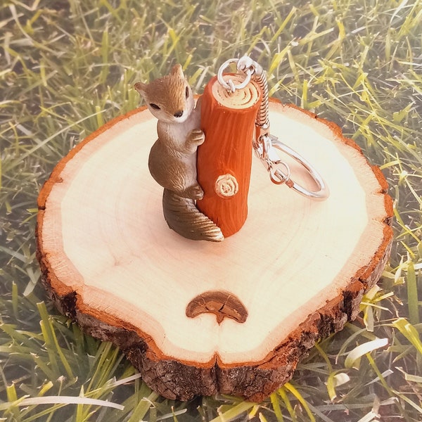 Cute Squirrel on Tree Branch Keychain, worksofartbysusan, Fun Woodland Keyring, Animal Lover Gift, Large Squirrel Key ring, 3D Squirrel