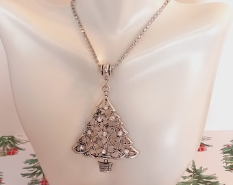 Beautiful Silver Christmas Tree Necklace, Bling Christmas Tree Pendant, Cute Rhinestone Crystal Winter Holiday Necklace, worksofartbysusan