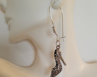 Adorable Silver High Heel Earrings, Princess Heel, Victorian Style Heel, Shoe Earring, Rhinestone, Crystal, Bling, worksofartbysusan, Pump