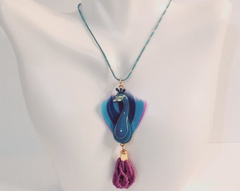 Peacock Feather Pendant, Colorful, Blue and Purple, Peacock Jewelry, Enameled, Fun Mother's Day Gift, worksofartbysusan, Blue Snake Chain