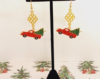 Red Christmas Truck Earrings,  Enameled