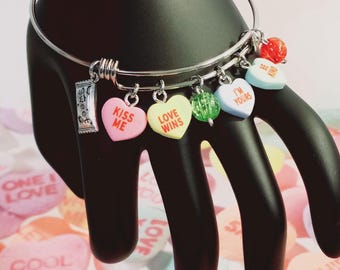 Conversation Heart Bangle Bracelet, Stainless Steel, Adjustable, Colorful, 2.6 inch diameter