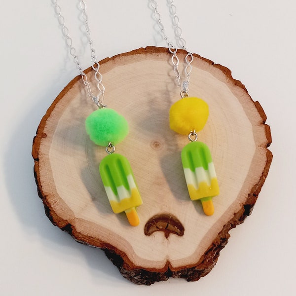 Beautiful Popsicle Charm Necklace, worksofartbysusan, Cute Ice Lolly, Lemon Lime, Pastel, Fun Pom Pom Pendant, Kawaii, Yogurt Treat, Ice Pop