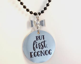 But First Egg Nog Stainless Steel Ball Chain Bow Necklace, Silver and Black, Round