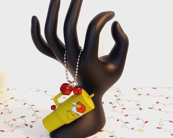 Grinch Tumbler Jingle Bell Ball Keychain, Green, Red, White, Large, Plastic