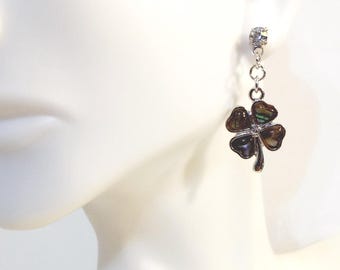Rhinestone Abalone Shell Clover Dangle Stud Earrings, Small