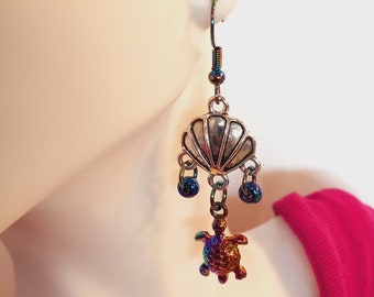 Beautiful Small Turtle Earrings, Colorful Dangle Earrings, Fun Reptile Jewelry, Iridescent Tortoise, Sea Life Earrings, worksofartbysusan