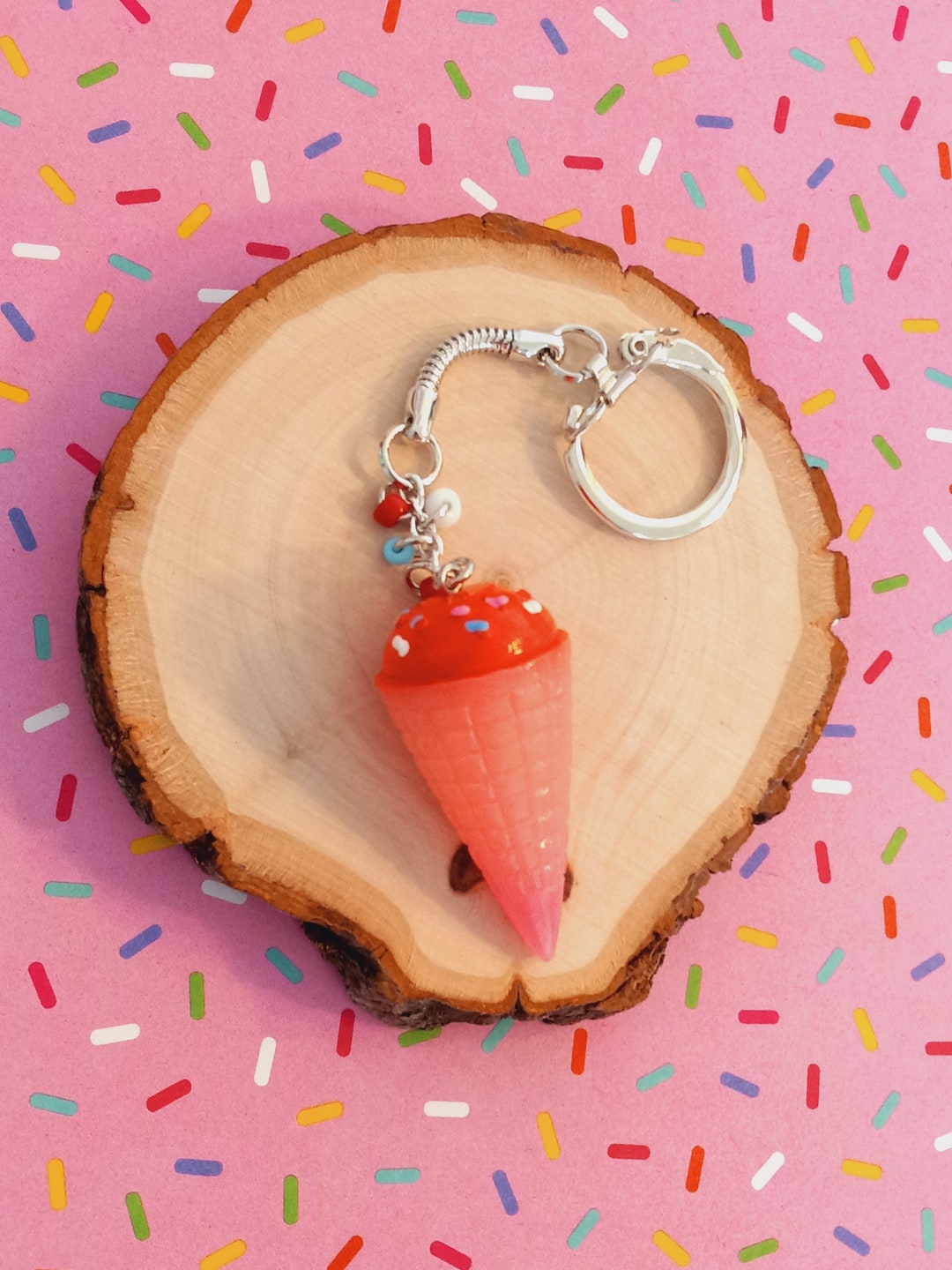 Cute Large Ice Cream Cone Keychain, Colorful, Resin, Sprinkle, Sweet