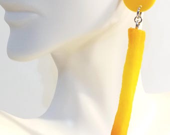 French Fry Dangle Stud Earrings, Long, PVC, Yellow