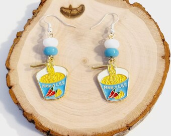 Ramen Noodle Cup Dangle Earrings, Enameled, Blue and White, Long