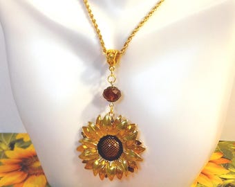 18K Gold Plated Stainless Steel Rope Sunflower Necklace, Yellow and Brown, Large