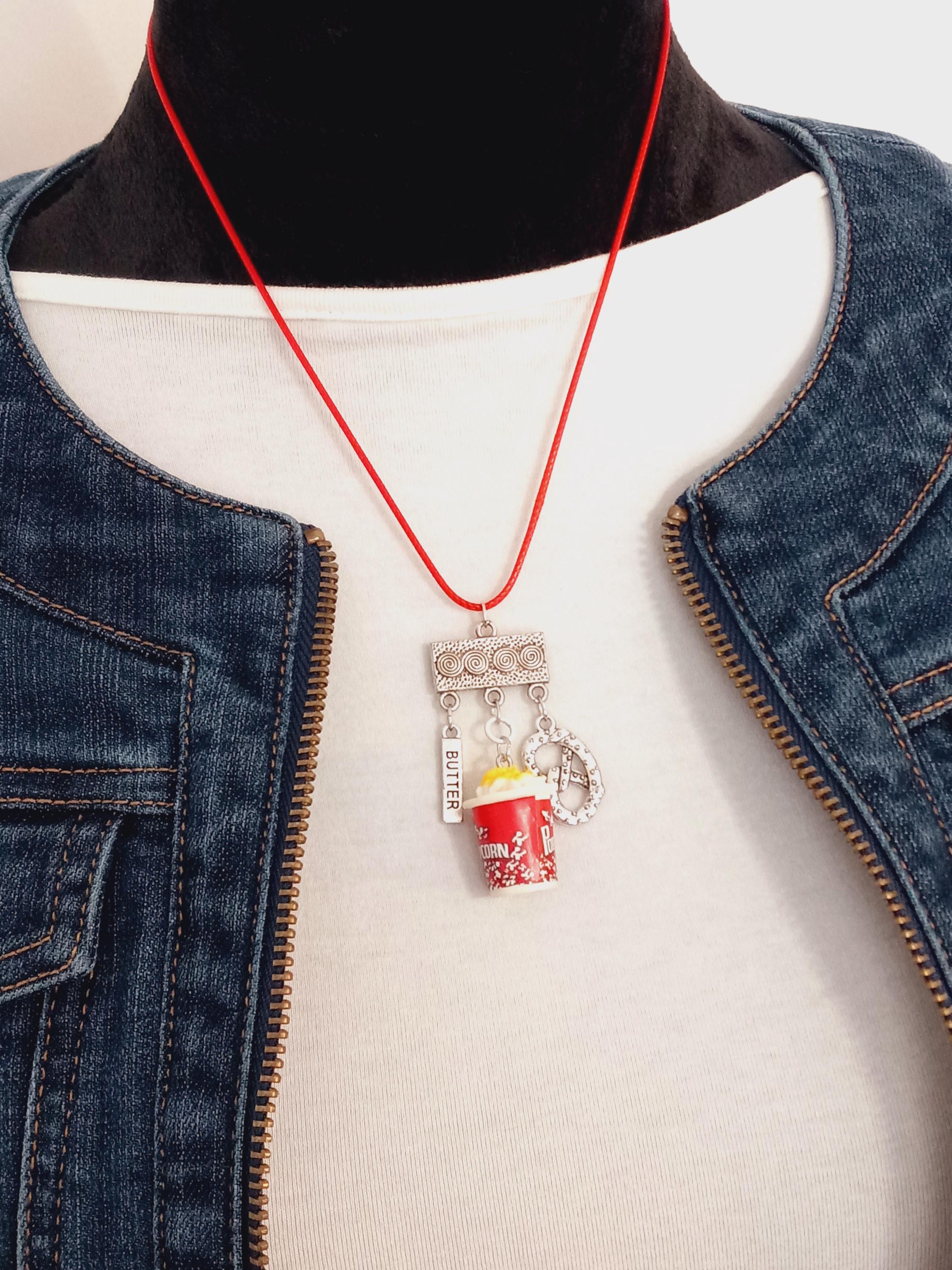 Fun Popcorn Bucket Necklace, Movie Lover Gift, worksofartbysusan, Resin, Movie Theater Food, Colorful, Realistic, Cinema Popcorn Earrings