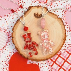 Glitter Teddy Bear Heart Necklace, Extra Large, Resin, Red and Pink