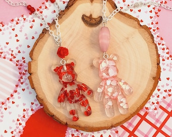 Glitter Teddy Bear Heart Necklace, Extra Large, Resin, Red and Pink