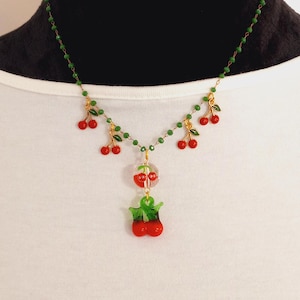 Lampwork Glass Cherry Pendant, Red and Green, Medium