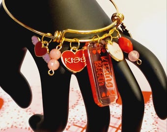 Valentine's Day Heart Bangle Bracelet, Stainless Steel, Adjustable 2.6" Inner Diameter
