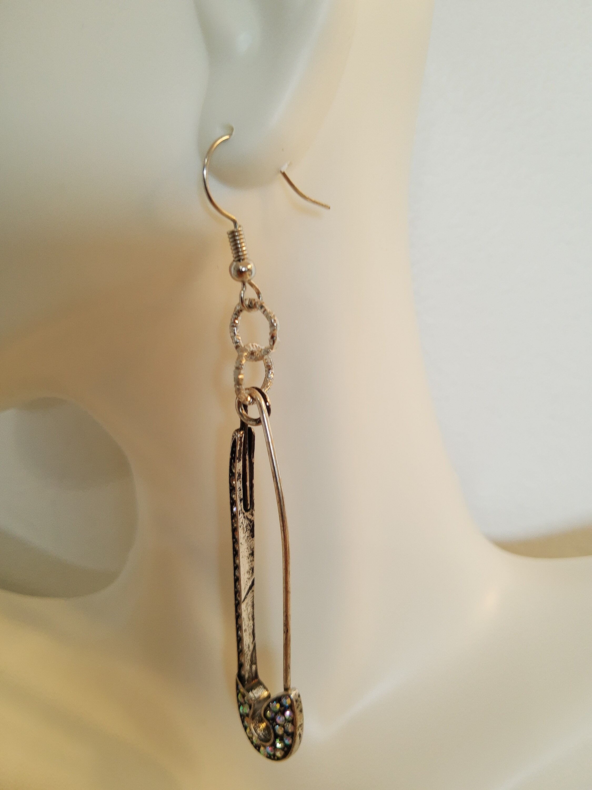 Beautiful Crystal Safety Pin Earrings Textured Dangle Etsy
