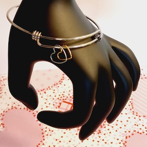 Adjustable Heart Bangle Bracelet, Stainless Steel, Silver and Gold, 2.6 inch Diameter