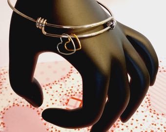 Adjustable Heart Bangle Bracelet, Stainless Steel, Silver and Gold, 2.6 inch Diameter