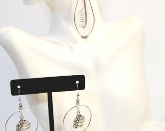 Silver Brass Hair Comb Hoop Earrings, Long