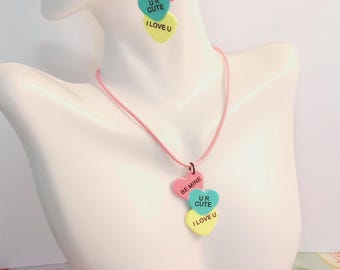 Candy Heart Message Necklace and Earrings, Long, Colorful