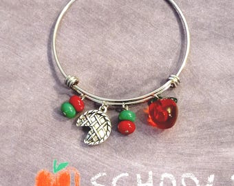 3D Apple Pie Stainless Steel Bangle Bracelet and Earrings, Adjustable, 2.6" Inner Diameter