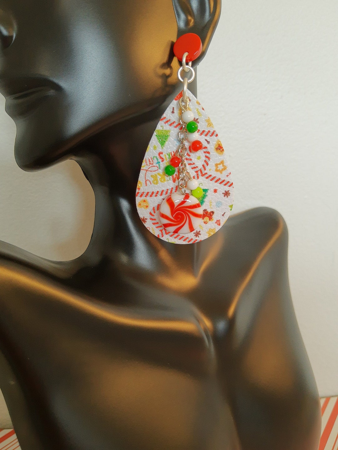 Adorable Peppermint Swirl Earrings, Peppermint Dangle, Holiday Earrings