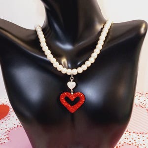 Beautiful Red Rhinestone Heart Necklace, Red and White Faux Pearl Necklace Set, Red Sparkling Heart Pendant, worksofartbysusan, Crystal