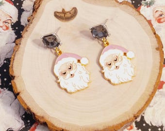 Santa Heart Sunglasses Stud Earrings, Pink, Enameled