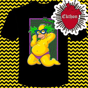 May include: A black t-shirt featuring a cartoon image of Homer Simpson wearing a green palm tree mask and sunglasses. The image is surrounded by a purple and green psychedelic pattern. The text "Homer" is visible at the top of the image. The t-shirt has a red heart with the text "Ekthon" on the upper right corner.