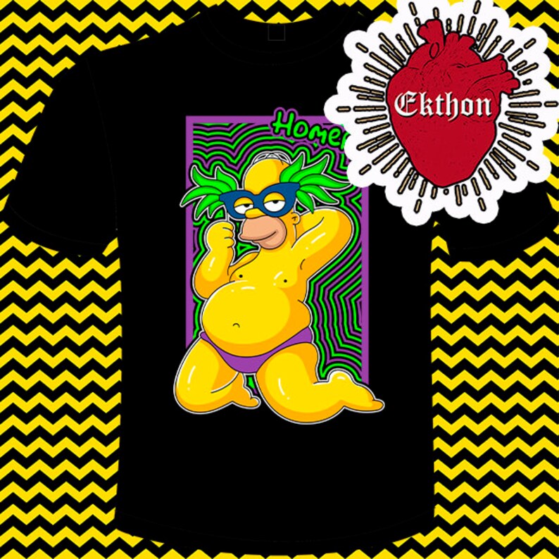 May include: A black t-shirt featuring a cartoon image of Homer Simpson wearing a green palm tree mask and sunglasses. The image is surrounded by a purple and green psychedelic pattern. The text "Homer" is visible at the top of the image. The t-shirt has a red heart with the text "Ekthon" on the upper right corner.