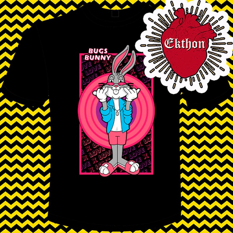 May include: Black t-shirt featuring a cartoon image of Bugs Bunny wearing a blue jacket and pink shorts. The image is surrounded by a pink circle with concentric circles and the text "BUGS BUNNY" in a white box above the image. The text "LOVE X LOVE" is repeated in a purple font around the image.