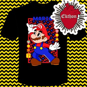 May include: Black t-shirt featuring a cartoon image of Mario from the Super Mario video game series. The image is surrounded by the word "LOVE" repeated multiple times in red and blue. The text "MARIO" is in blue and red.