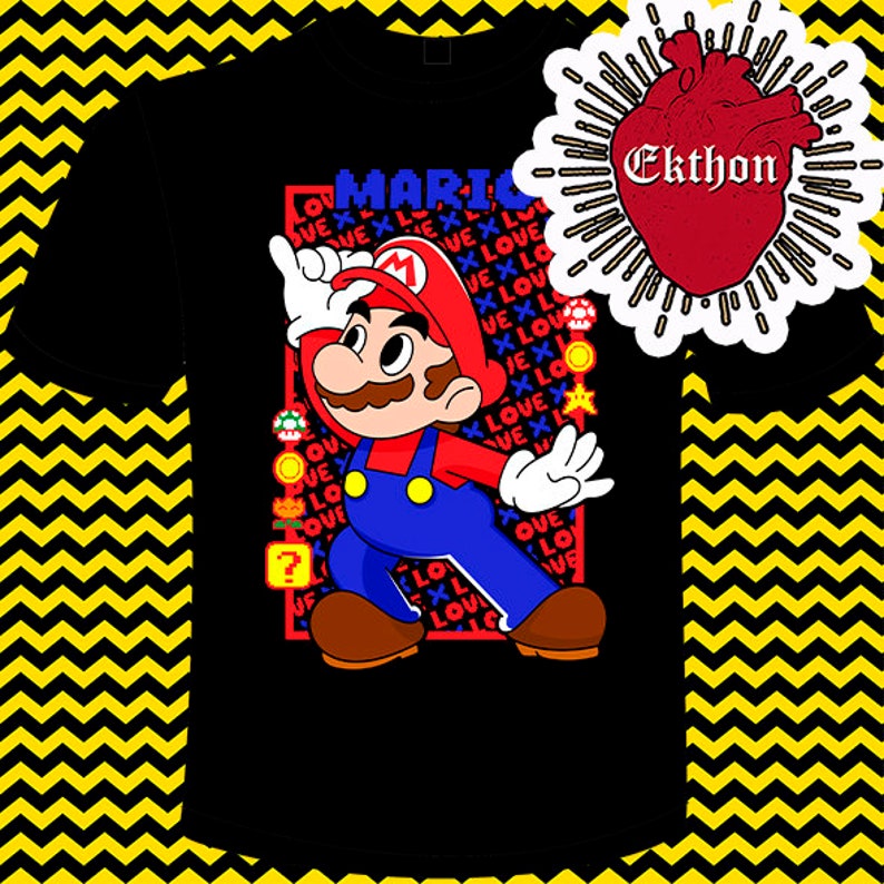 May include: Black t-shirt featuring a cartoon image of Mario from the Super Mario video game series. The image is surrounded by the word "LOVE" repeated multiple times in red and blue. The text "MARIO" is in blue and red.