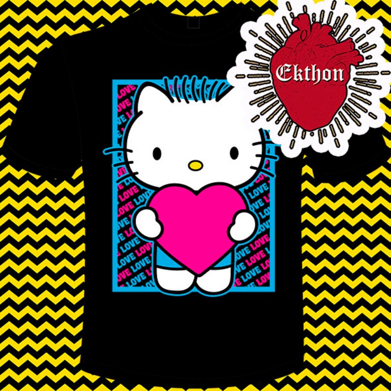 May include: Black t-shirt featuring a blue and pink Hello Kitty graphic holding a pink heart. The graphic is surrounded by the word "LOVE" repeated in pink and blue. The text "Ekthon" is in white on a red heart with a white outline.
