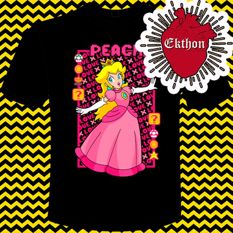 May include: Black t-shirt featuring a pink and yellow cartoon image of Princess Peach from the Super Mario Bros. video game series. The image is surrounded by a pixelated border with the word "PEACE" and the word "LOVE" repeated multiple times. The text "Ekthon" is in a red heart-shaped speech bubble in the top right corner.