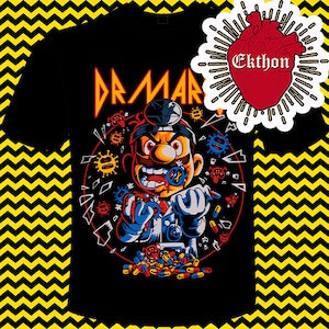 May include: Black t-shirt with a cartoon doctor design, featuring the text "DR. MAR" in yellow. The graphic includes pills, viruses, and a heart-shaped logo with "Ekthon". The background has a yellow and black zigzag pattern.