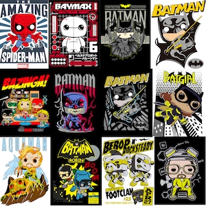 Puede incluir: Un collage de 10 diseños diferentes de camisetas con personajes populares de películas, programas de televisión y cómics. Los diseños incluyen Spiderman, Baymax, Batman, Batgirl, The Big Bang Theory, Aquaman y Bebop y Rocksteady. Cada diseño presenta un personaje de la cultura pop en un estilo estilizado y de dibujos animados.