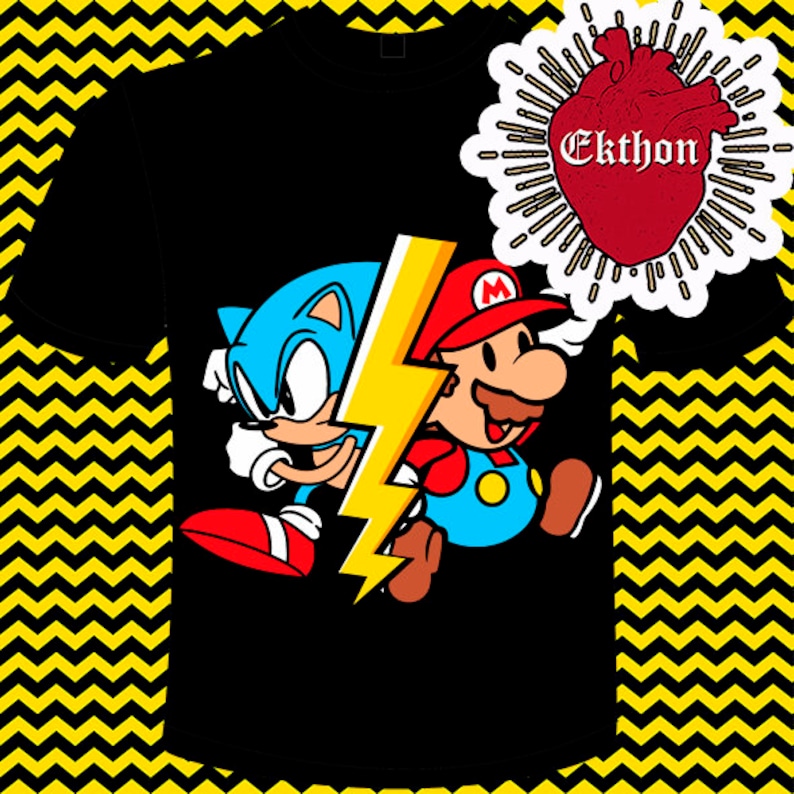 May include: Black t-shirt with a cartoon image of Sonic the Hedgehog and Mario running side-by-side with a lightning bolt between them. The text "Ekthon" is in a thought bubble above them.