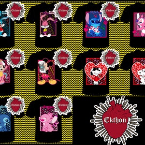 May include: Twelve black t-shirts featuring various cartoon character designs. Each shirt has a red heart with the word "Ekthon" printed on it. The shirts feature characters such as Stitch, Mickey Mouse, Bugs Bunny, and others.