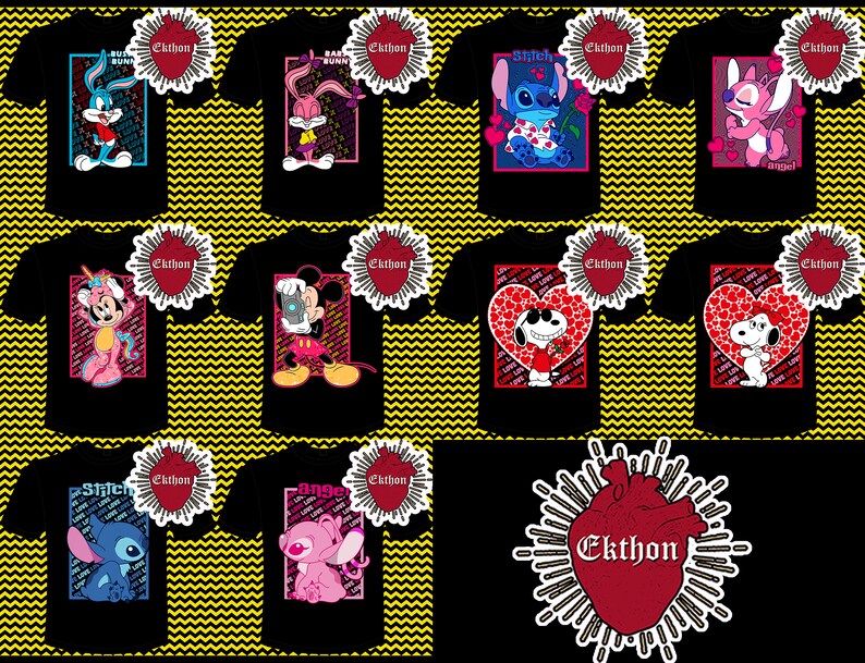 May include: Twelve black t-shirts featuring various cartoon character designs. Each shirt has a red heart with the word "Ekthon" printed on it. The shirts feature characters such as Stitch, Mickey Mouse, Bugs Bunny, and others.