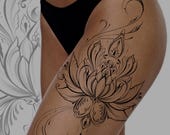 Tattoo design “Talisman lotus flower”. Graphic, fineline tattoo, feminine tattoo, tattoo style, leg tattoo