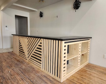 Modern counter retail cash wrap, can be white, black, or natural underneath the slats