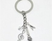 Microphone Keychain- Music Keychain - Silver Music Keychain - Microphone Keyring - Initial Jewelry - Personalized Birthstone Keychain