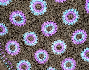 Crochet sunflower granny square blanket, vintage crochet afghan, handmade lap throw