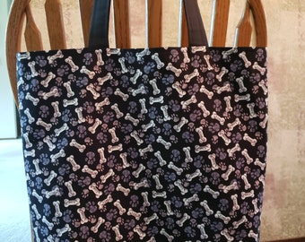 Tote bag, handmade shoulder bag, purse, paws and bones, black, reversible, washable, dog lover