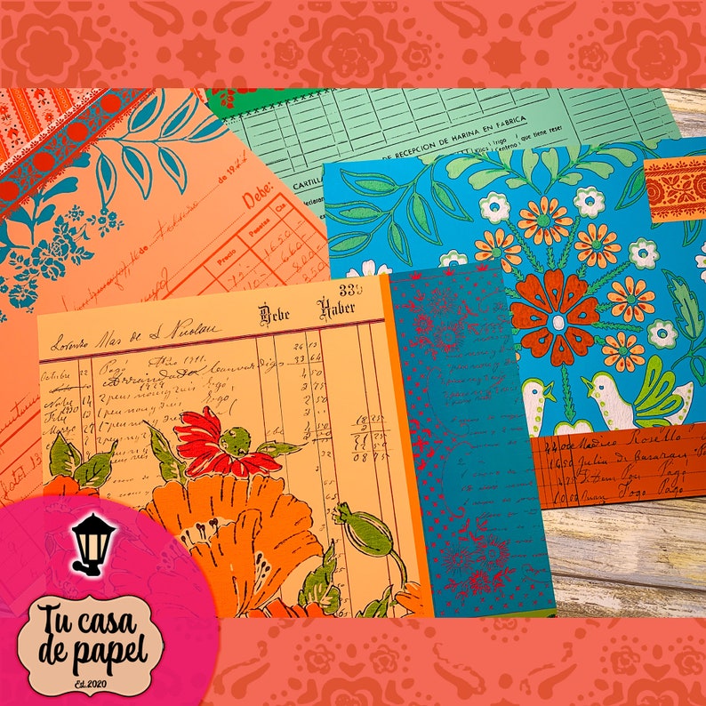 May include: A collection of vintage papers with floral patterns and handwritten text. The papers are in shades of orange, blue, and green. The text includes "Debe Haber" and "Losonde Mar de I Nuslan".