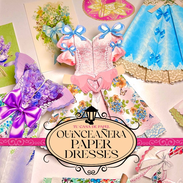 Vestido de papel de origami imprimible, efímera de coqueta, muñeca de papel mexicana, favores de quinceañera, favores de dulces dieciséis, diario basura, clip art de arcos